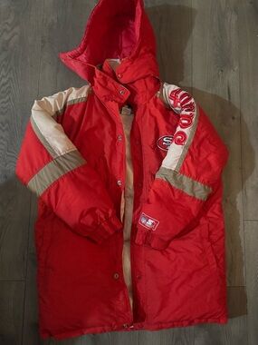 STARTER Red Hooded Puffer Jacket with White and Tan Accents